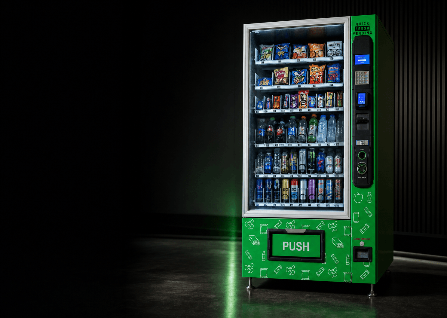 Quick Fresh QFV 50 combination vending machine in a dark showroom